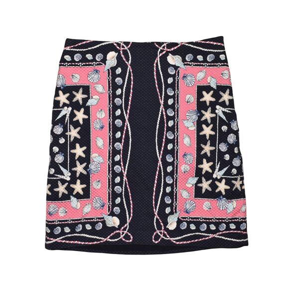 TALBOTS $89 Navy Pink Nautical Seashell Textured Pencil Skirt‎ Size 2P - Picture 1 of 3